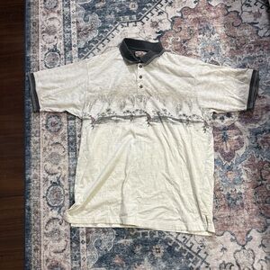 Men's Cream Polo with Black Trim and Subtle Surf Print